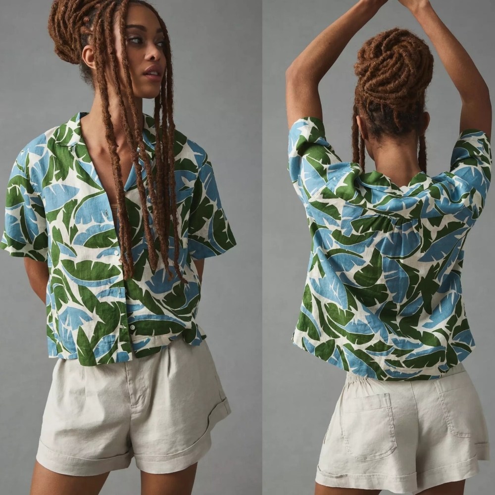 NWT Birds of Paradis by Trovata Linen Nico Shirt in Plantain Leaf - Small